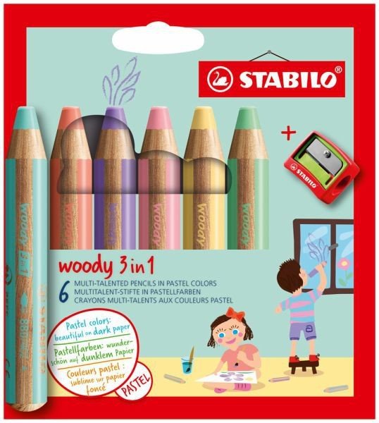 Stabilo Woody 3in1 Pastel Renkler 6'lı + Kalemtraş