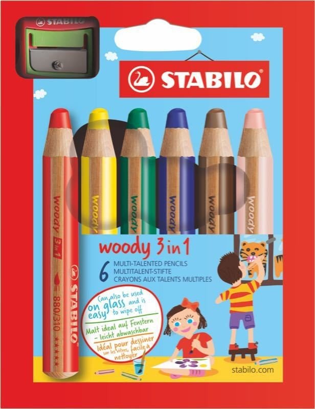 Stabilo Woody 3in1 Klasik Renkler 6'lı + Kalemtraş
