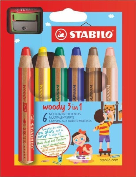 Stabilo Woody 3in1 Klasik Renkler 6'lı + Kalemtraş