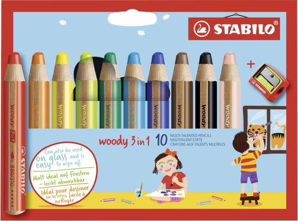 Stabilo Woody 3in1 Klasik Renkler 10'lu + Kalemtraş